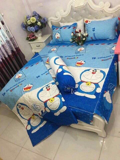 Set ga phủ trần bông xẻ góc và 2 vỏ gối poly cotton