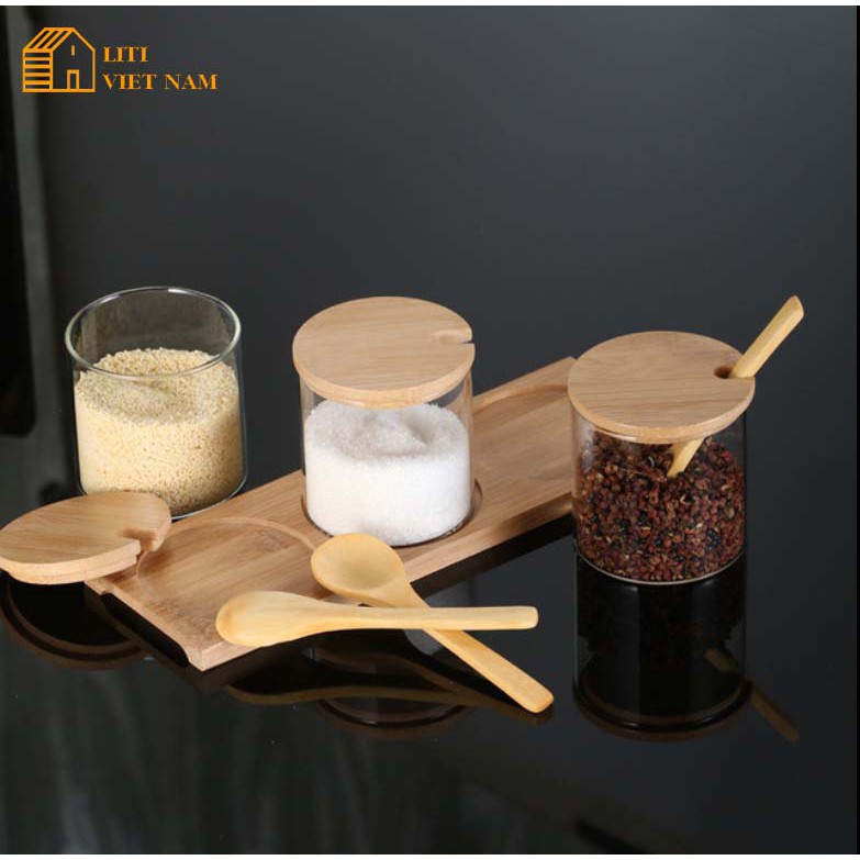 [FREESHIP] Bộ 3 hũ lọ đựng gia vị thủy tinh nắp gỗ - Decor trang trí nhà bếp | BigBuy360 - bigbuy360.vn