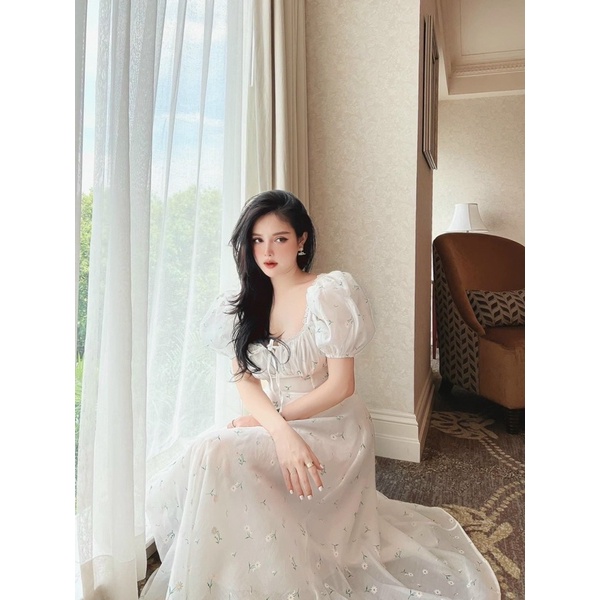 [Hàng sẵn - Hình thật] Đầm hoa tơ lụa tay bồng dáng maxi xoè nơ lưng sang chảnh