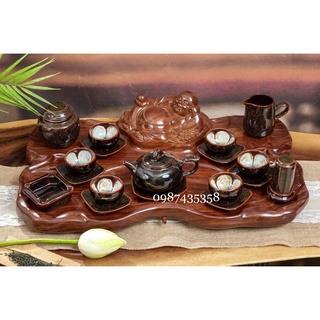 Bộ ấm chén hoả biến nâu kim sa hoa nở gốm sứ Bát Tràng