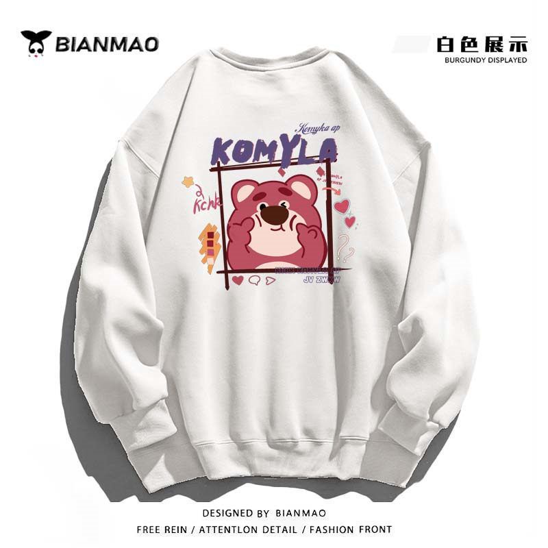 Áo Hoodie Dáng Rộng Cổ Tròn Họa Tiết Gấu Và Dâu Tây Xinh Xắn Dành Cho Nữ