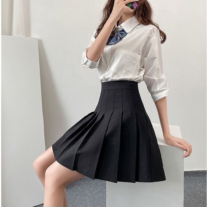 Chân váy COZOKC xếp ly lưng cao kiểu dáng đơn giản hợp thời trang