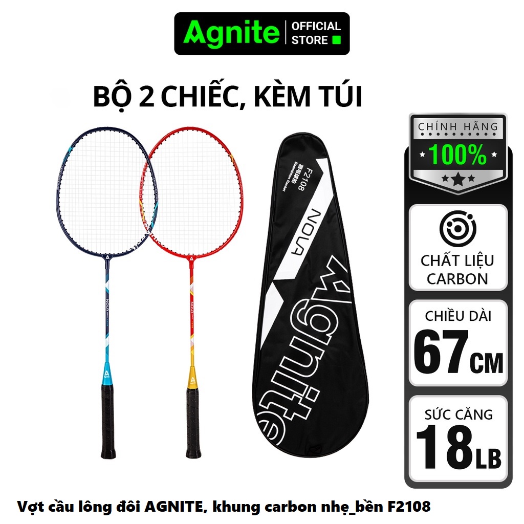 Bộ 2 vợt cầu lông chính hãng AGNITE, khung carbon cao cấp siêu nhẹ, chuyên nghiệp - giá rẻ, bền đẹp F2108 - vpp Diệp Lạc