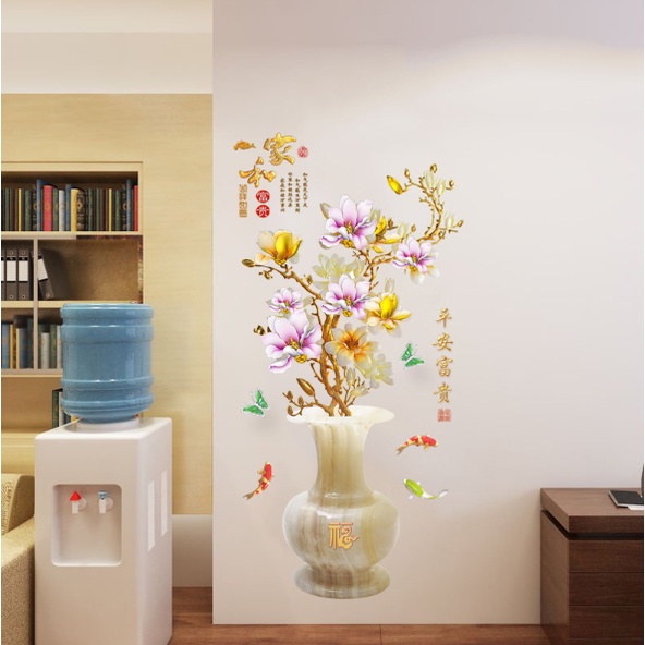 Decal giấy dán tường - mẫu Bình hoa Mai đá màu Tím vàng quý phái