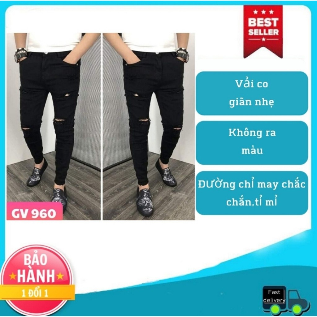 Quần Bò Nam Rách Gối (FREESHIP) Quần Jean Co Giãn Cao Cấp Đen Rách Xước Phong Cách Hàn Quốc (44-72KG) | BigBuy360 - bigbuy360.vn