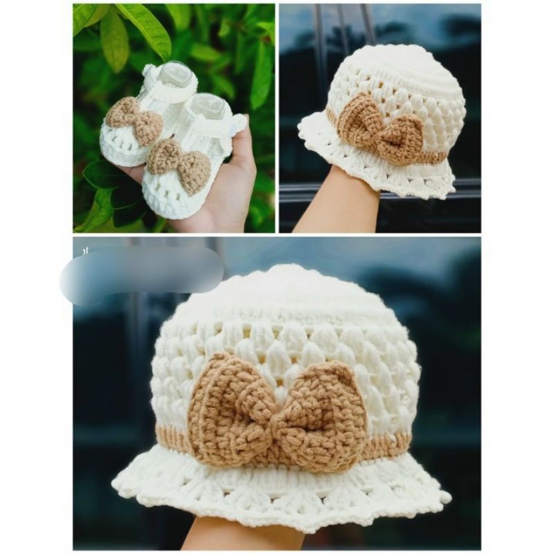 Sét mũ len kèm giày len tặng túi đeo chéo cho bé