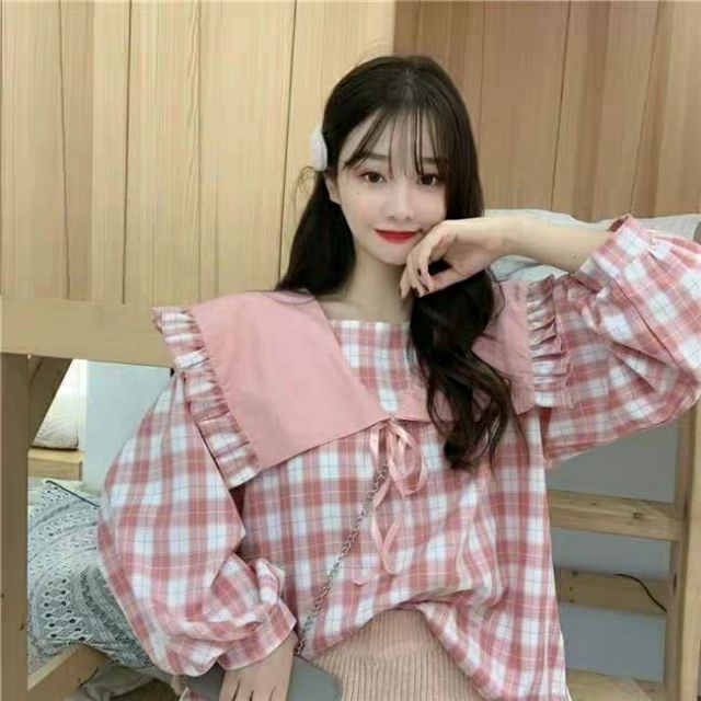 (ORDER) Áo sơ mi ulzzang kê caro cổ thủy thủ kèm ảnh thật