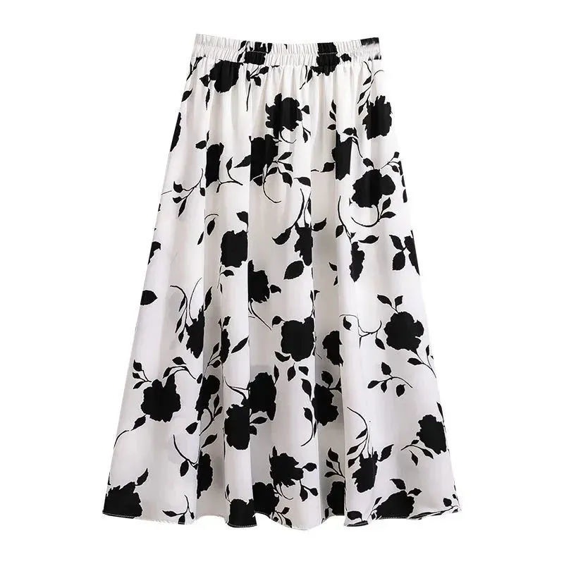 Chân Váy Chữ a Lưng Cao Họa Tiết Hoa Trắng Đen Thời Trang Mùa Hè 2022
