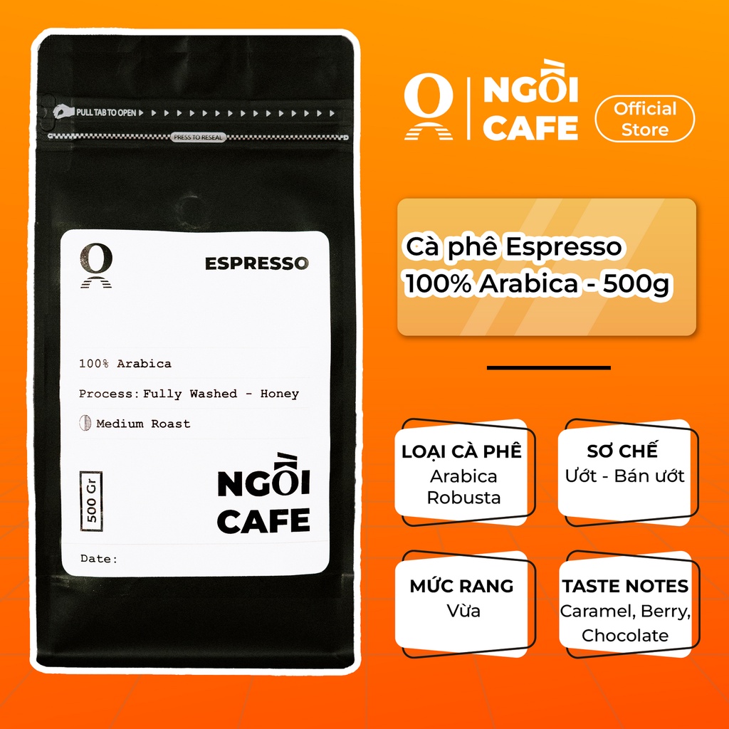 Cà phê Espresso Arabica Cầu Đất rang mộc nguyên chất Ngồi Cafe E01 (Túi zipper nhôm an toàn thực phẩm có van một chiều)