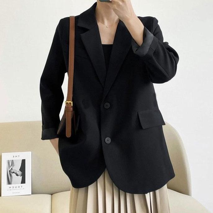 Áo khoác blazer dáng rộng màu đen trơn kiểu Hàn Quốc cho nữ
