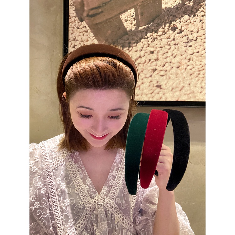 Băng đô bản rộng bằng vải nhung màu đỏ phong cách vintage thời trang Pháp