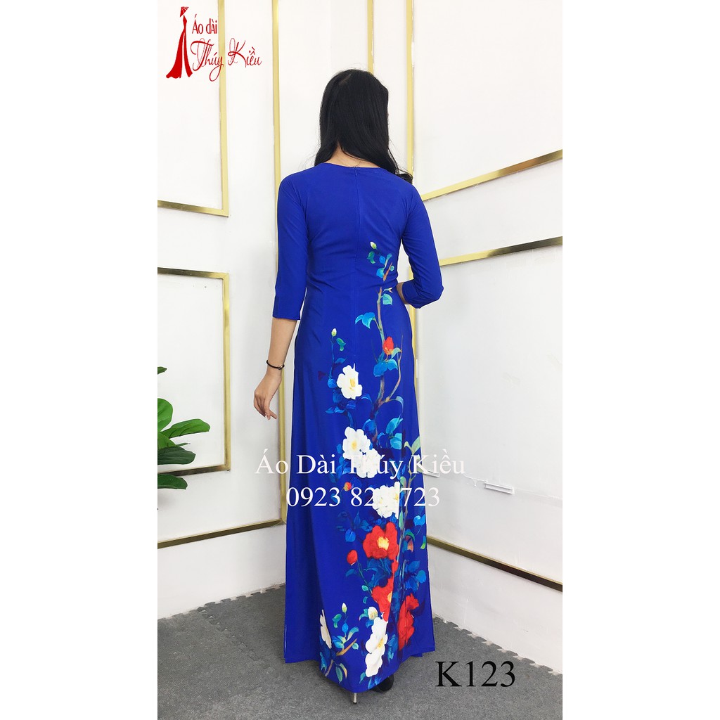 Áo dài lụa Nhật nền xanh hoa dây trắng hồng K123 ❤️FREESHIP❤️ mềm mại, co giãn, thấm hút mồ hôi