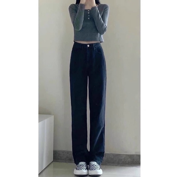 QNU109 - QUẦN JEANS NỮ ĐEN SUÔNG ỐNG RỘNG