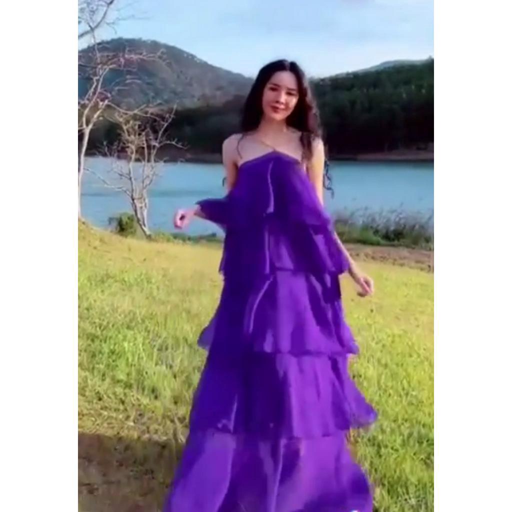 Maxi Cổ Xích Đầm trễ vai 5 Tầng - Váy xòe đi biển chất voan 2 lớp phong cách hàn quốc.