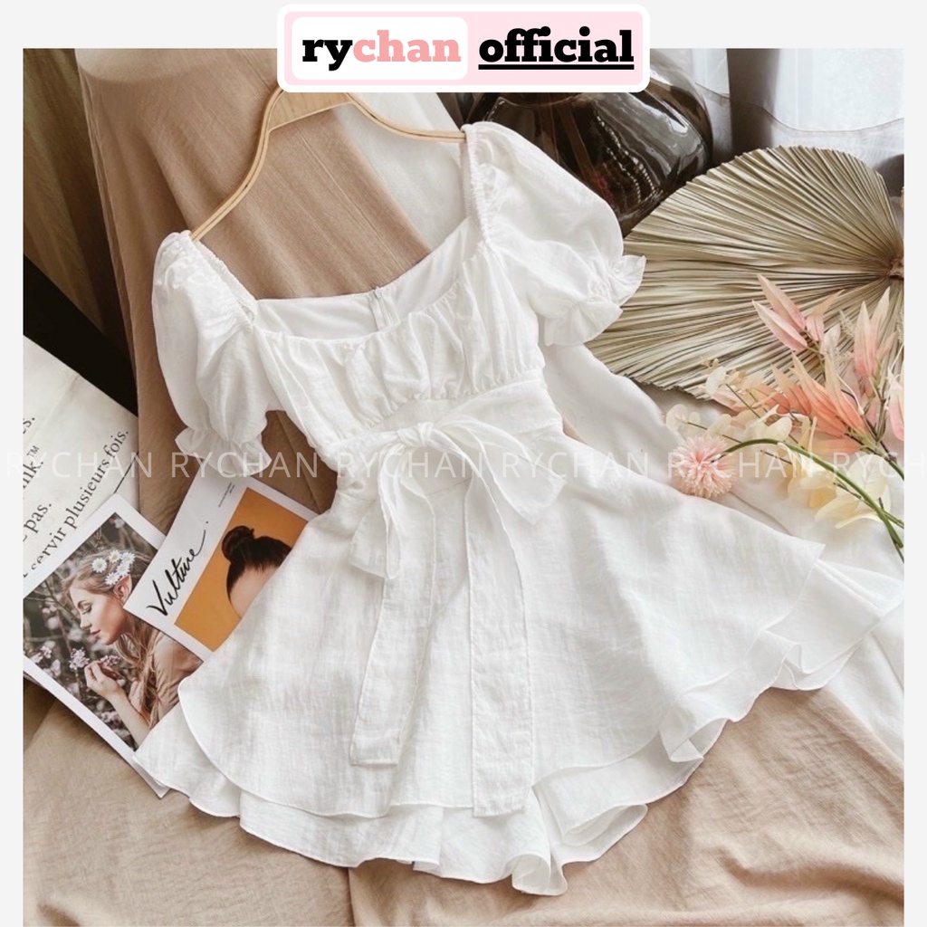 Đầm Váy Nữ Dự Tiệc Trễ Vai Nhúng Ngực Thắt Nơ Eo Đuôi 2 Tà Dày Dặn Màu Trắng Đen Xanh [ẢNH THẬT CUỐI] - DX9840