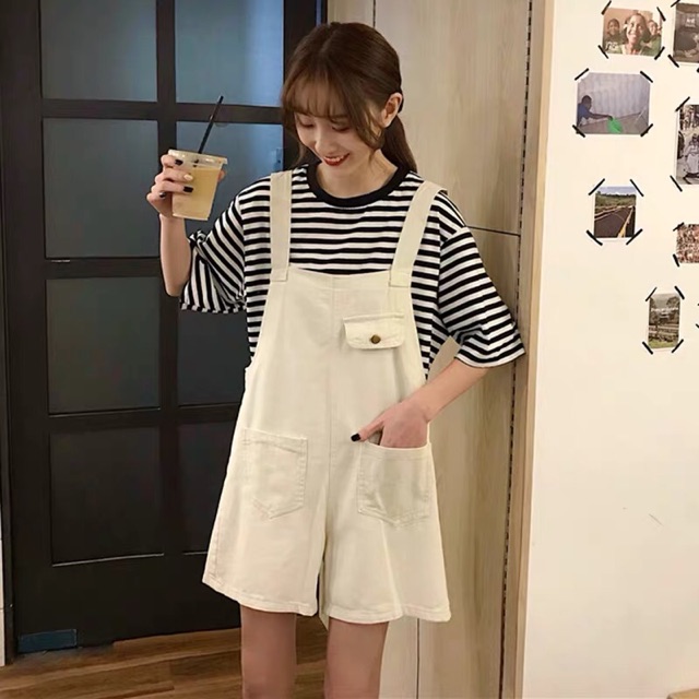 [KÈM ẢNH THẬT] yếm quần nữ kaki trắng túi trước ulzzang hàn quốc