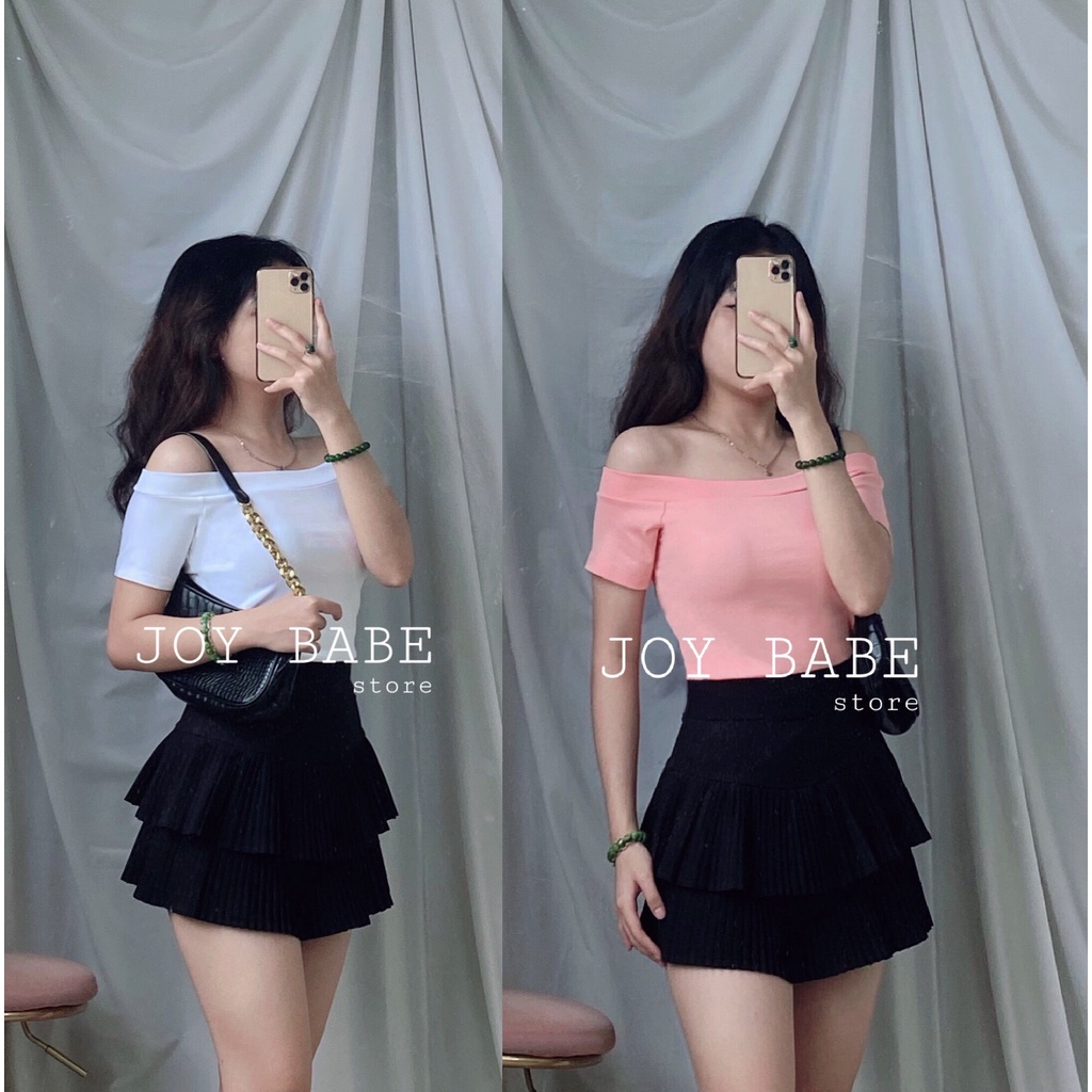 Áo thun croptop trễ vai Basic JOY BABE❄vải xịn Forever 21 co giãn 4 chiều💙 màu trơn đơn giản đen kiểu bẹt vai CRON 4 -4A