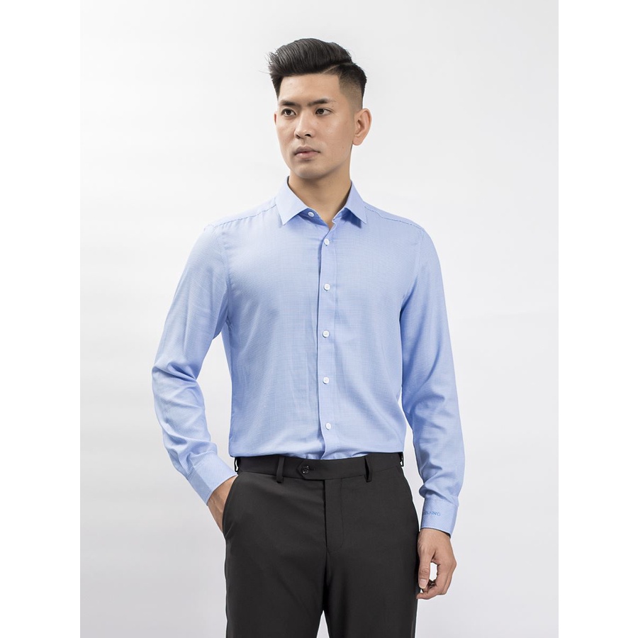 Áo sơ mi dài ta nam ARISTINO ALS57508 slimfit, chất bamboo sợi tre, xanh biển dệt ô chéo