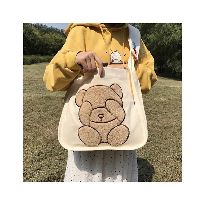 Túi vải tote đeo chéo vai con gấu siêu cute cỡ lớn Trang Xuka order 2 tuần