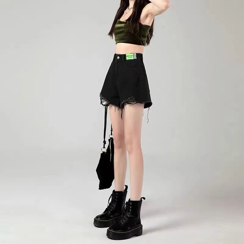 Quần Short Denim Đen Dáng Chữ A Ống Rộng Lưng Cao Phối Rách Thời Trang Mùa Hè 2022 Cho Nữ