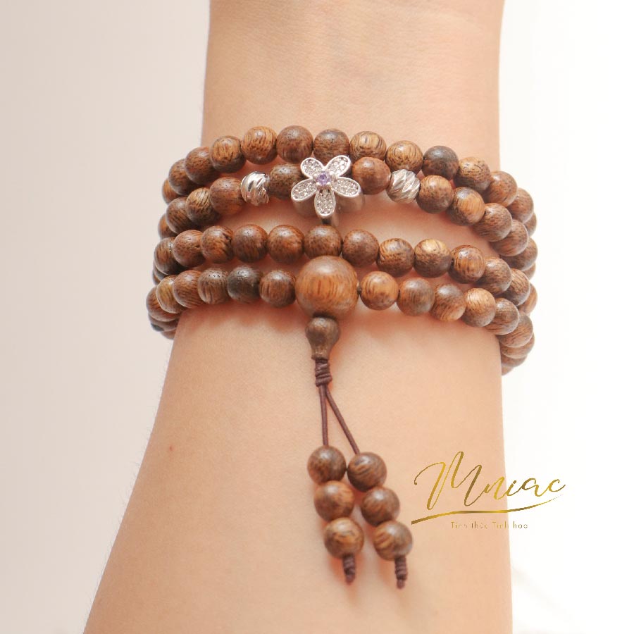 Vòng tay trầm hương mix Charm Hoa Trắng, Bi Trắng bằng Bạc 925 - Size 6 li/8 li cho Nam Nữ Vòng Phong Thủy