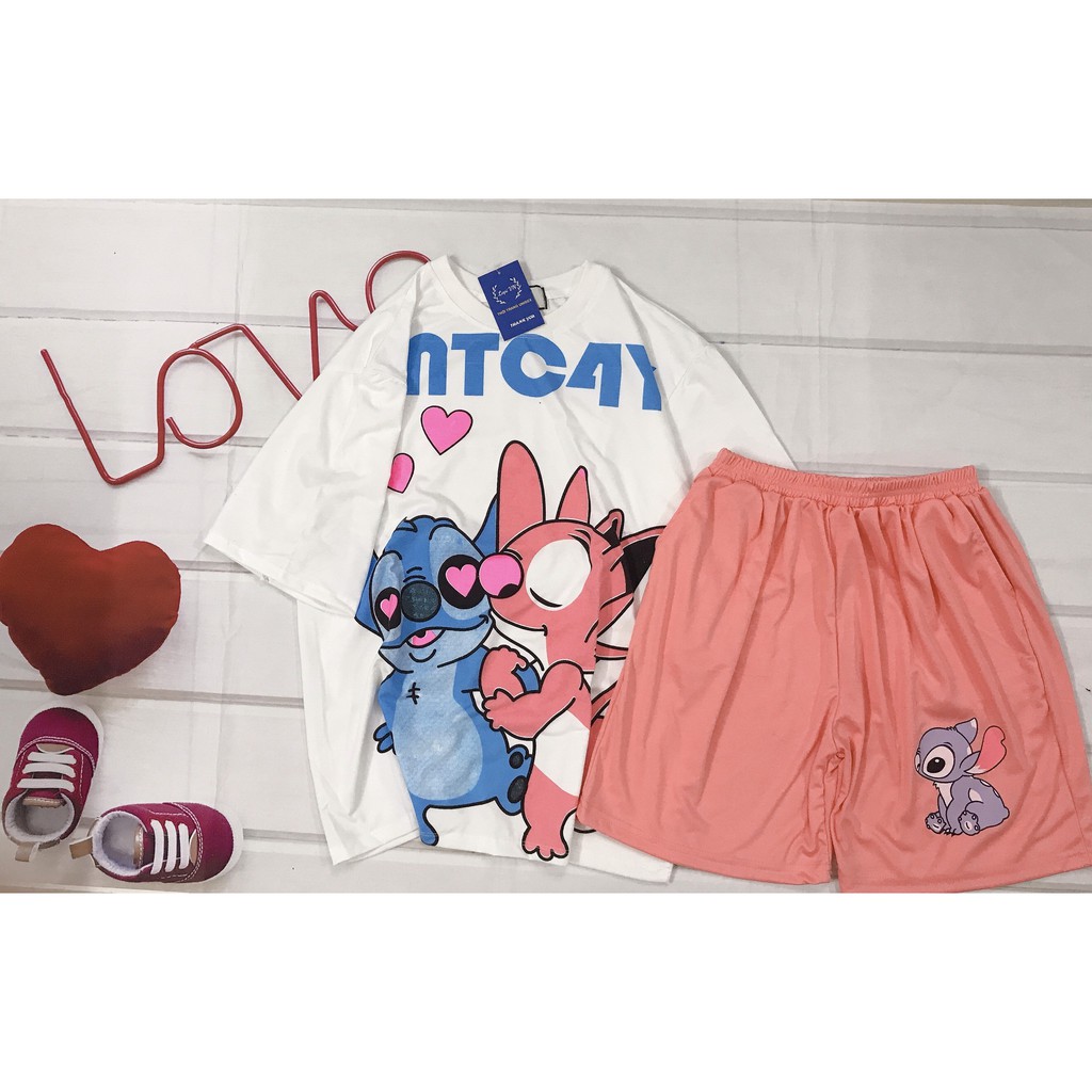 Set Đồ Bộ STITCH - LOVE cartoon 3D Cute DB49-Lapi VN Áo+ Quần Đùi Vải Thun Cotton Thoáng Mát, Freesize Đến 70kg