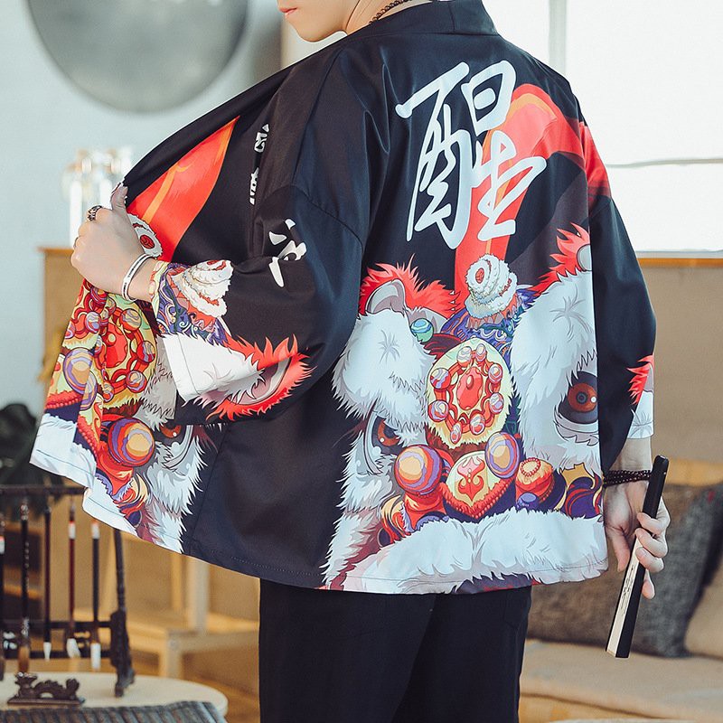 Áo khoác Kimono Haori phong cách Nhật Bản in hoạ tiết đầu lân chất lụa mềm mịn, thoáng mát dễ phối đồ giá rẻ