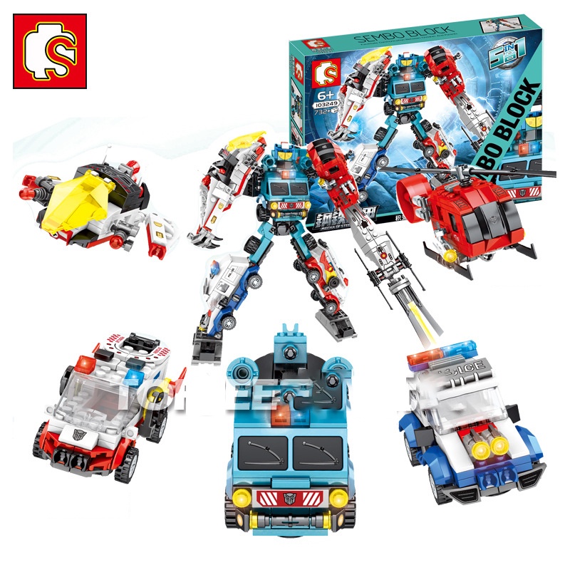 Đồ chơi Lắp ráp Robot cứu hộ 5 phương tiện - Sembo Block 103249 Xếp hình thông minh - Mô hình trí tuệ