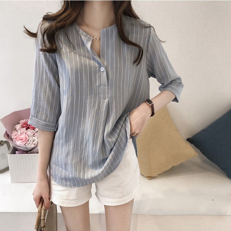 Áo Sơ Mi Tay Lỡ Dáng Rộng Hoạ Tiết Kẻ Sọc Cho Phái Nữ