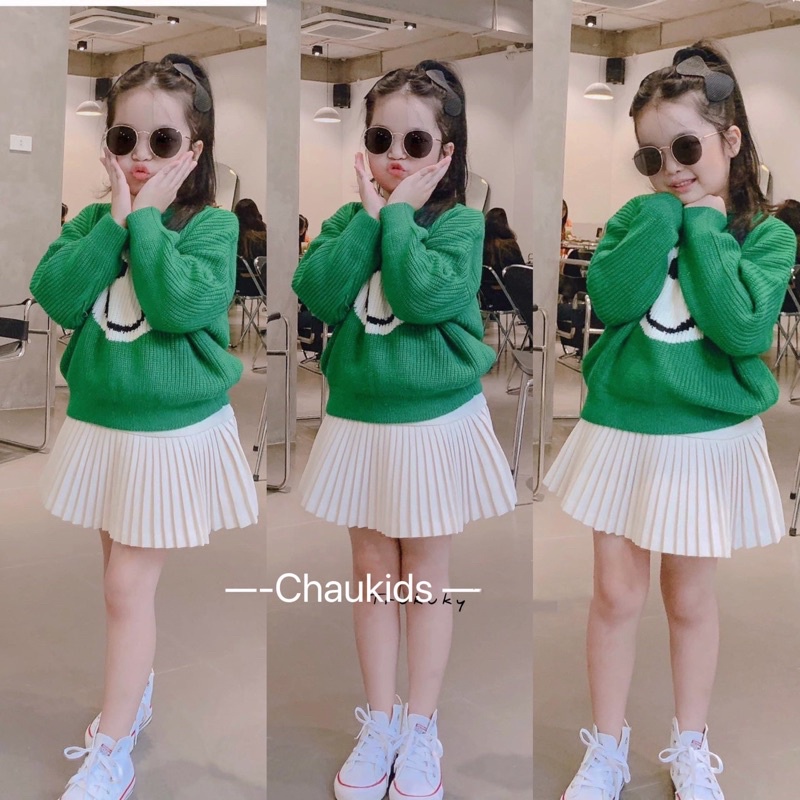 Set áo len mặt cười cv xếp ly cho bé gái