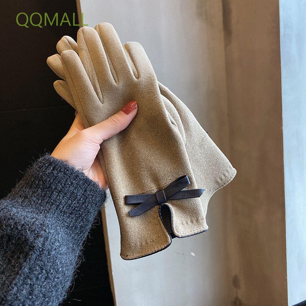 Đôi găng tay da lộn xỏ ngón thoáng khí đính nơ chạm được màn hình cảm ứng nhiều màu tùy chọn