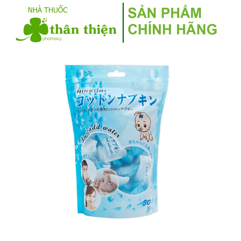 Khăn nén NIKKORI Okamura gói 50c giúp tẩy trang, lau mặt dạng viên nén tiện lợi, an toàn cho cả trẻ sơ sinh