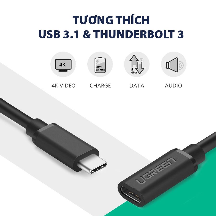 Dây USB Type C nối dài 0.5m Chính Hãng Ugreen 40574 US312 (USB C 3.1 4K@60Hz PD 60W 5A)