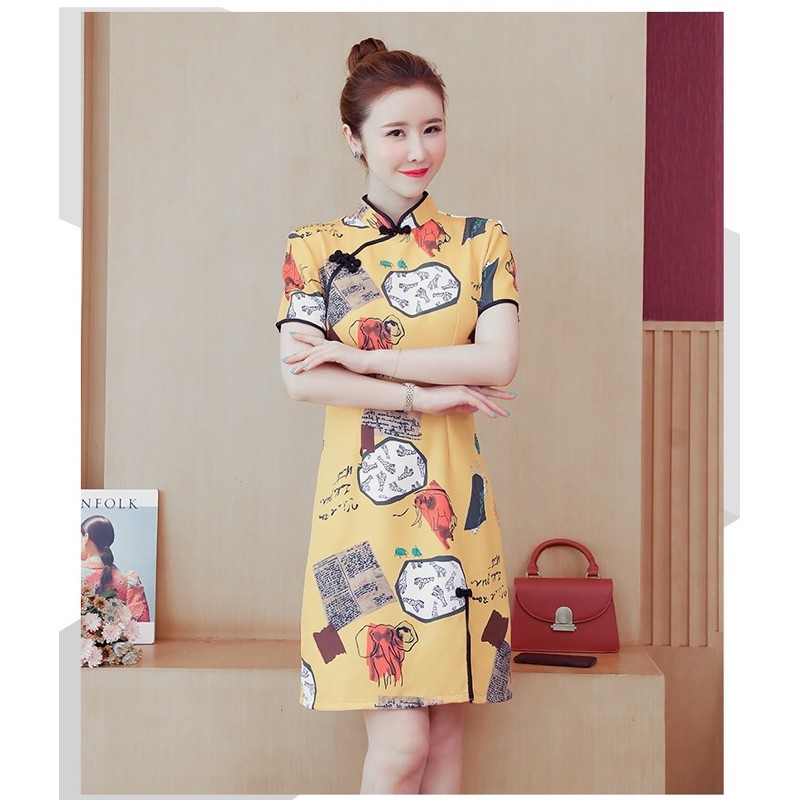 đầm sườn xám big size màu vàng bao xinh size 70-100kg