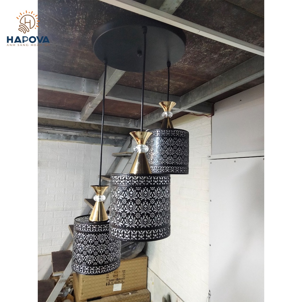 Bộ 03 đèn thả trần bàn ăn hoa văn HAPOVA XENIA 7095 + Tặng kèm bóng led AS Vàng