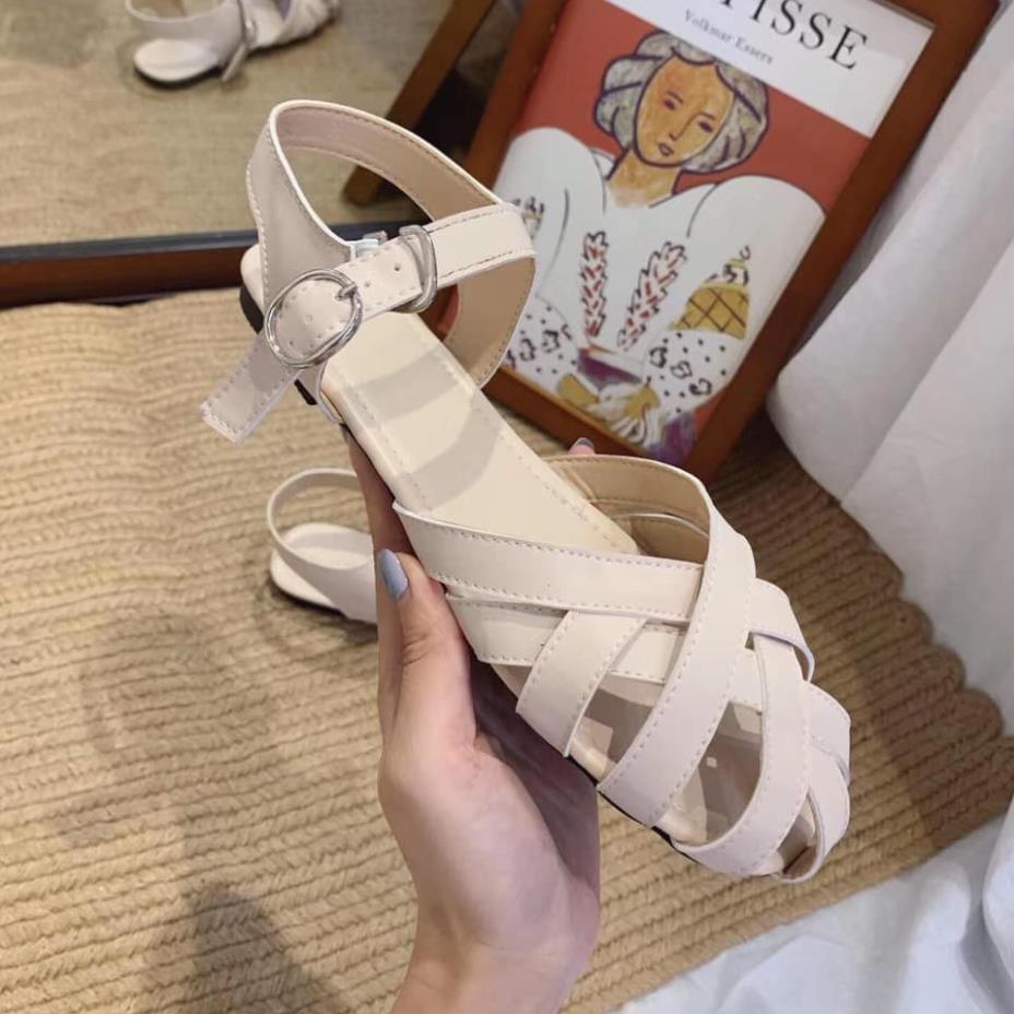 Giày Nữ Slingback ROMANTIC Quai Hậu Đan Rọ Dáng Giày Vintage Da Microfiber Cao Cấp Màu Kem Đen (FORM TO LỆCH 1 SIZE) .