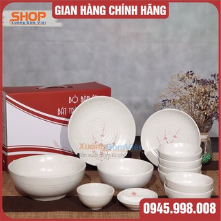 Bộ bát đĩa gốm trắng vẽ đào nhẹ nhàng nhưng tinh tế,đơn giản nhưng trang trọng, 1 set đầy đủ 12 sản phẩm -XƯỞNG GỐM VIỆT