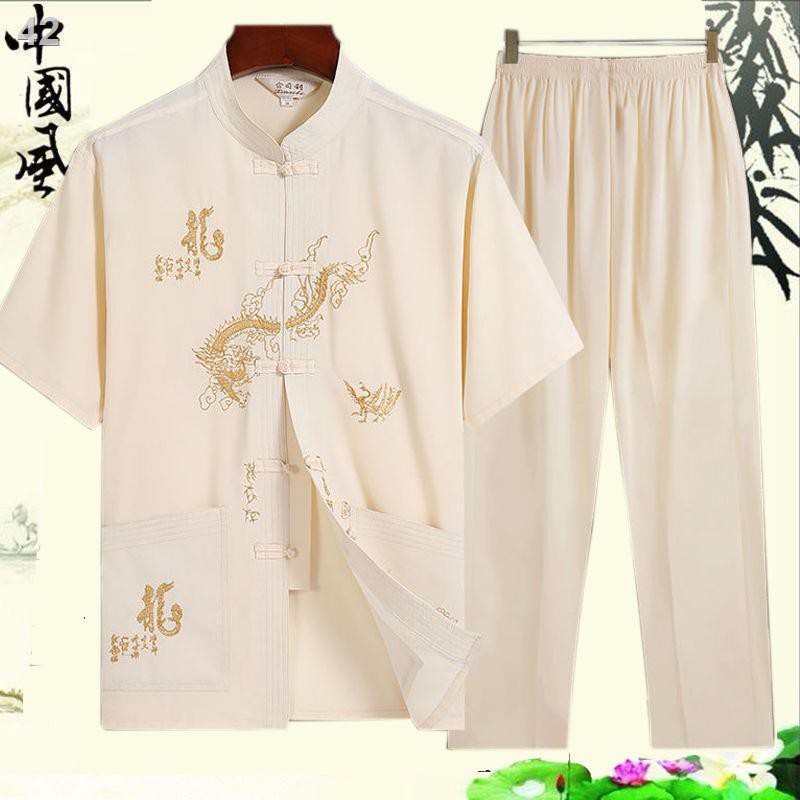 XTang suit mùa hè cho người trung niên và cao tuổi Bộ đồ nam ngắn tay Bố phù hợp với ông nội già kiểu Quốc Hán
