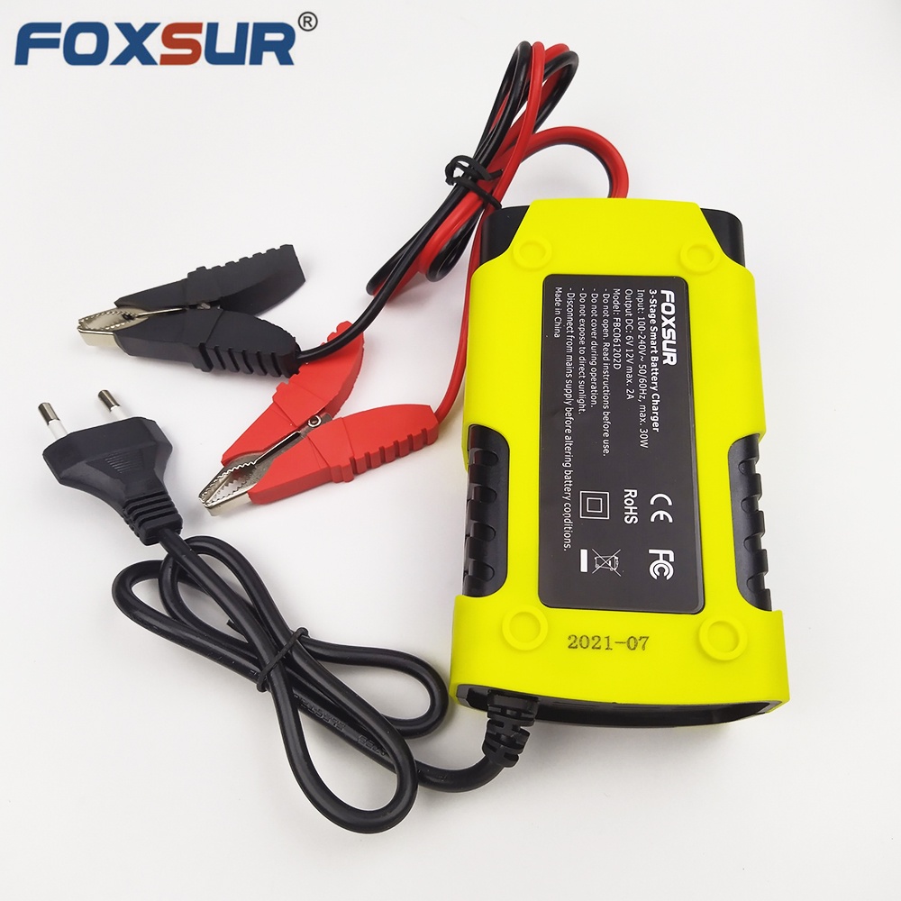 Sạc bình ắc quy FOXSUR  6V 2A 12V 4Ah - 40Ah tự ngắt khi đầy phục hồi ắc quy khử sunfat chống ngược cực