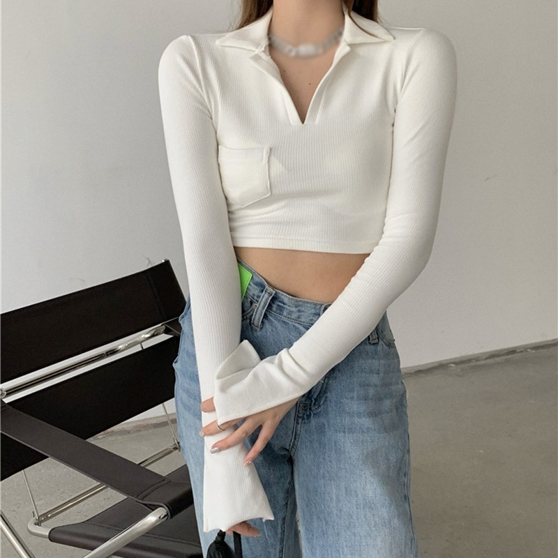 Áo Croptop Tay Dài Màu Trắng Thiết Kế Quyến Rũ