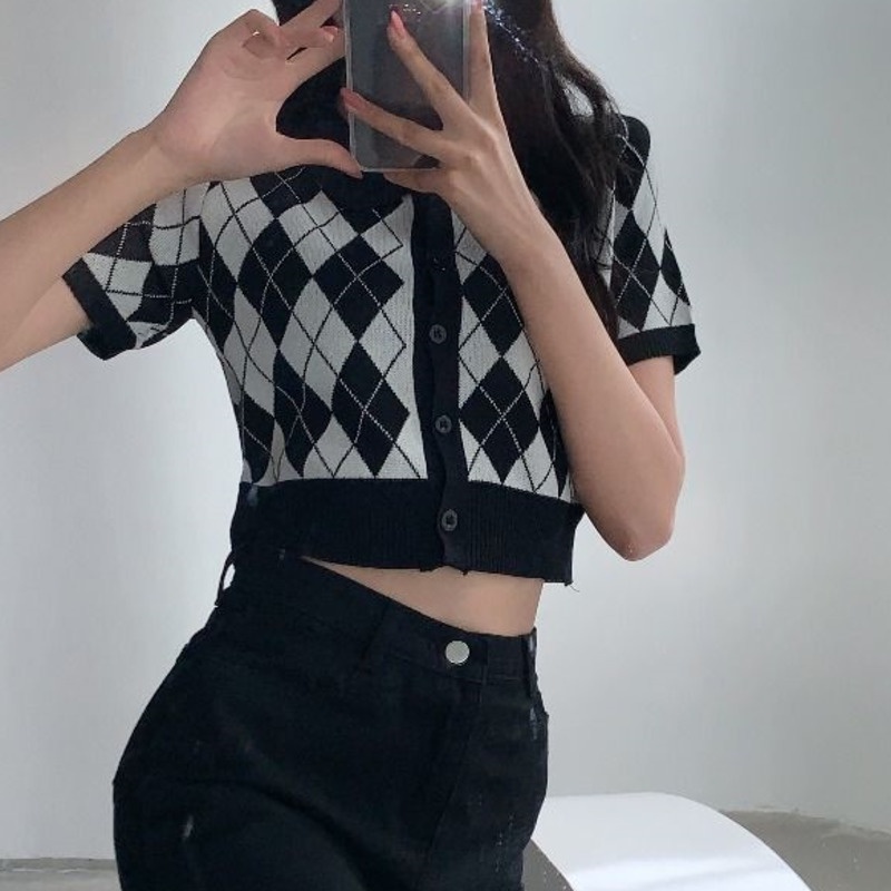 Áo Polo Tay Ngắn Họa Tiết Kim Cương 175285 Áo Dệt Kim Ngắn Phong Cách Retro Thời Trang Mùa Hè Dành Cho Nữ