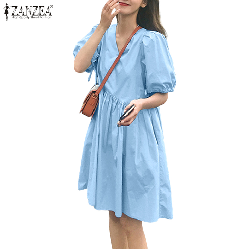 Đầm ZANZEA Ngắn Tay Cổ Chữ V Phối Xếp Ly Thanh Lịch Cho Nữ