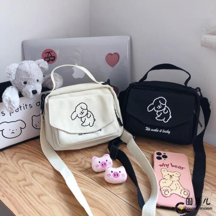 Túi canvas vải đeo chéo nữ Unisex giá rẻ hình chú cún ngộ nghĩnh đáng yêu phong cách Harajuku Nhật Bản Herbagstore