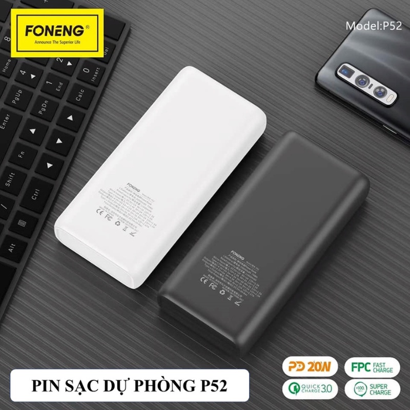 Sạc Pin Dự Phòng Foneng Flagship 20.000mAh P52- Sạc Nhanh PD 22.5W - Chính hãng Bảo Hành 12 Tháng