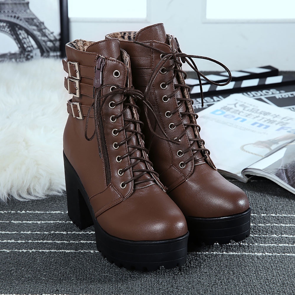 Giày Bốt Da Cao Gót Mũi Tròn Màu Trơn Có Dây Kéo Bên Hông Phong Cách Hàn Quốc Cho Nữ