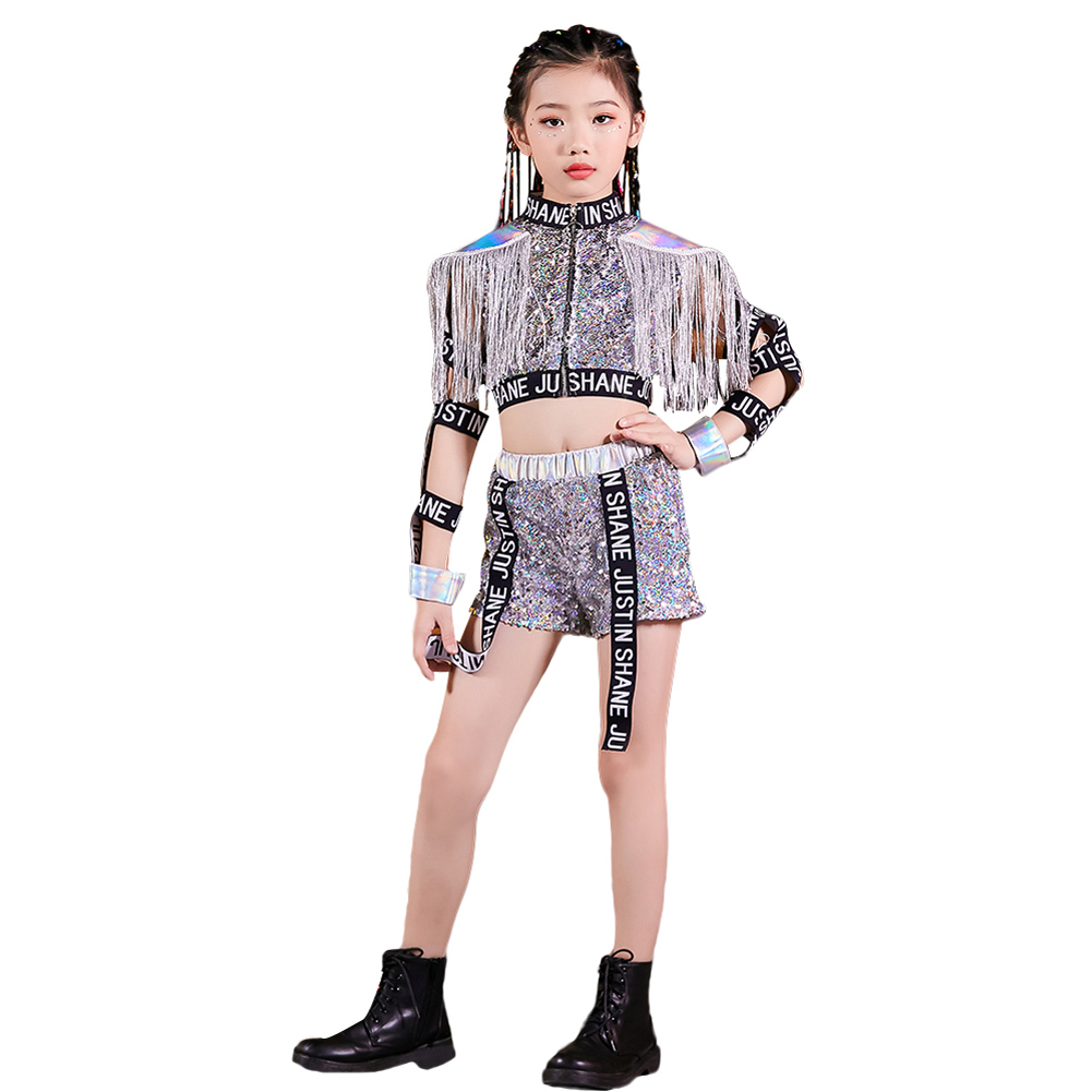 Kids Girls Sequins Jazz Dance Costume Korean Hip Hop Clothing  Streetwear Crop Tops Shorts Set Stage Performance Wear