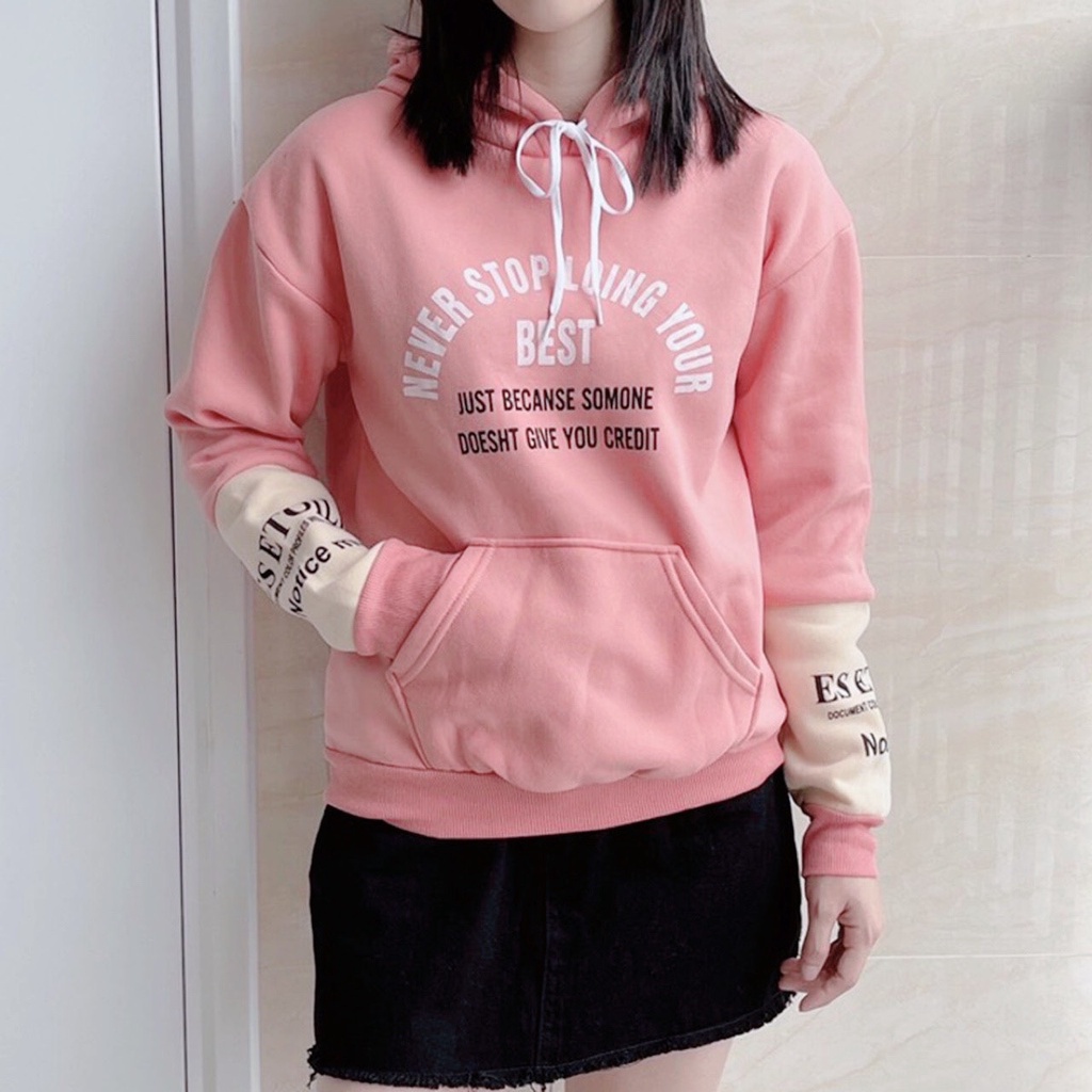 Áo hoodie nỉ cotton quảng châu cao cấp, Áo nỉ vati  in chữ NEVER STOP dáng rộng