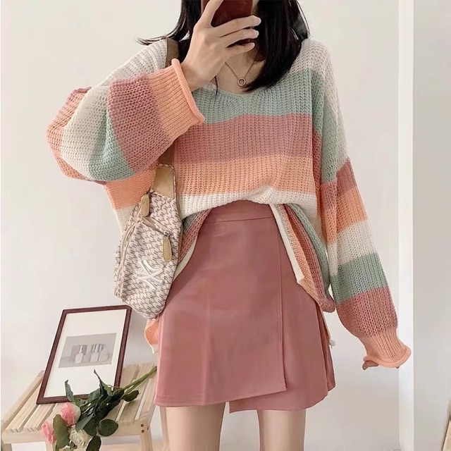 Set áo len kẻ ngang chân váy da ullzang có tách set