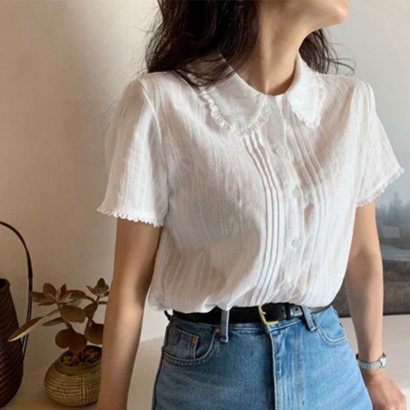 Suxi Áo Sơ Mi Tay Ngắn Màu Trắng Phong Cách Hàn Quốc Nữ Mùa Hè Mỏng Rời Slim Fit Top