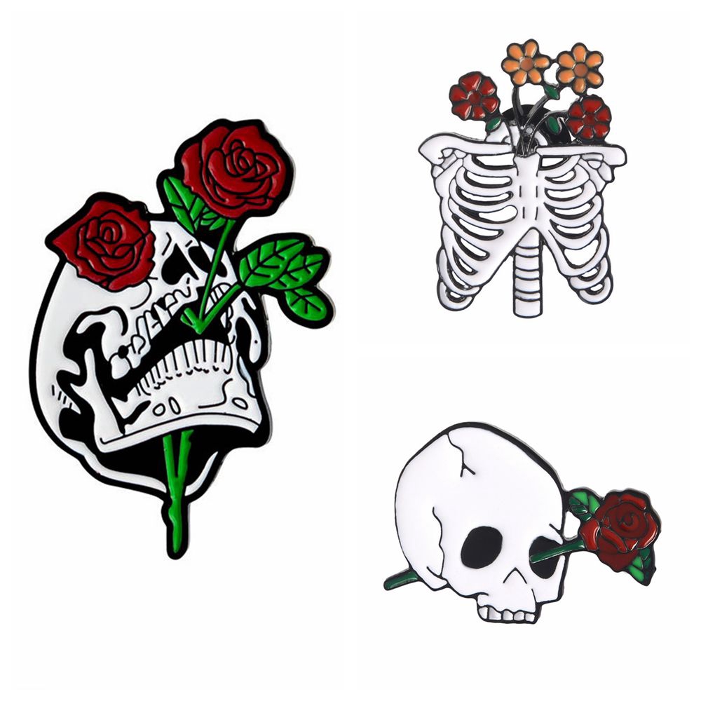 Huy Hiệu Cài Áo Kim Loại Hình Đầu Lâu Và Hoa Hồng Độc Đáo